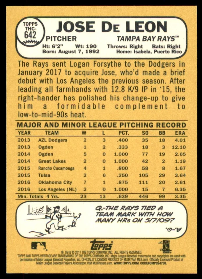 2017 Topps Heritage Chrome Baseball Purple Refractors #THC642 Jose De Leon - Image 2 of 2