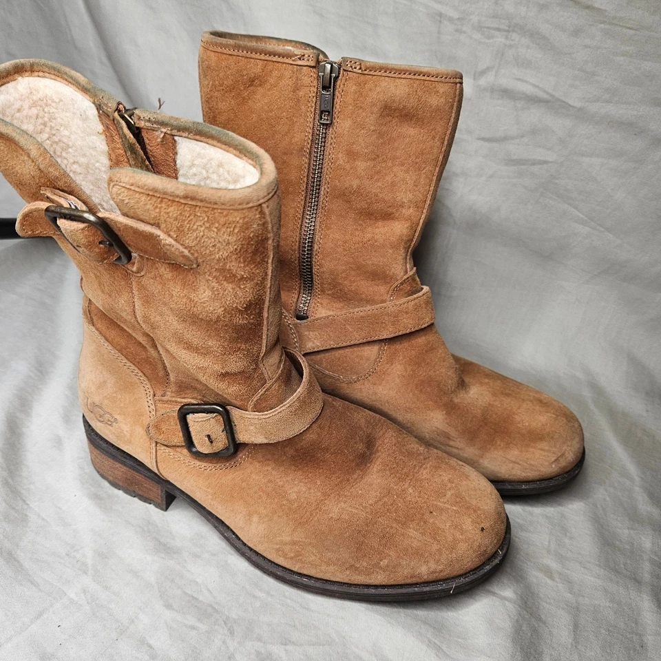 Botas de Moto Ugg Chaney para Mujer 8.5 Marrón Castaño Gamuza Cuero Forro de Piel de Oveja Foto 2 de 4