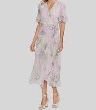 $159 Vince Camuto Women's Purple Short Sleeve V-Neck Floral Midi Dress Size 6