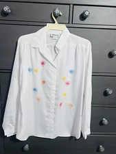 Vintage ALL HOURS PARIS MILAN Blouse L Roll Tab Sleeve Button Up Balloons EUC