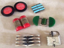 Six 6 Vintage Stylish Art Deco Bakelite Rhinestone Chrome Belt Buckles