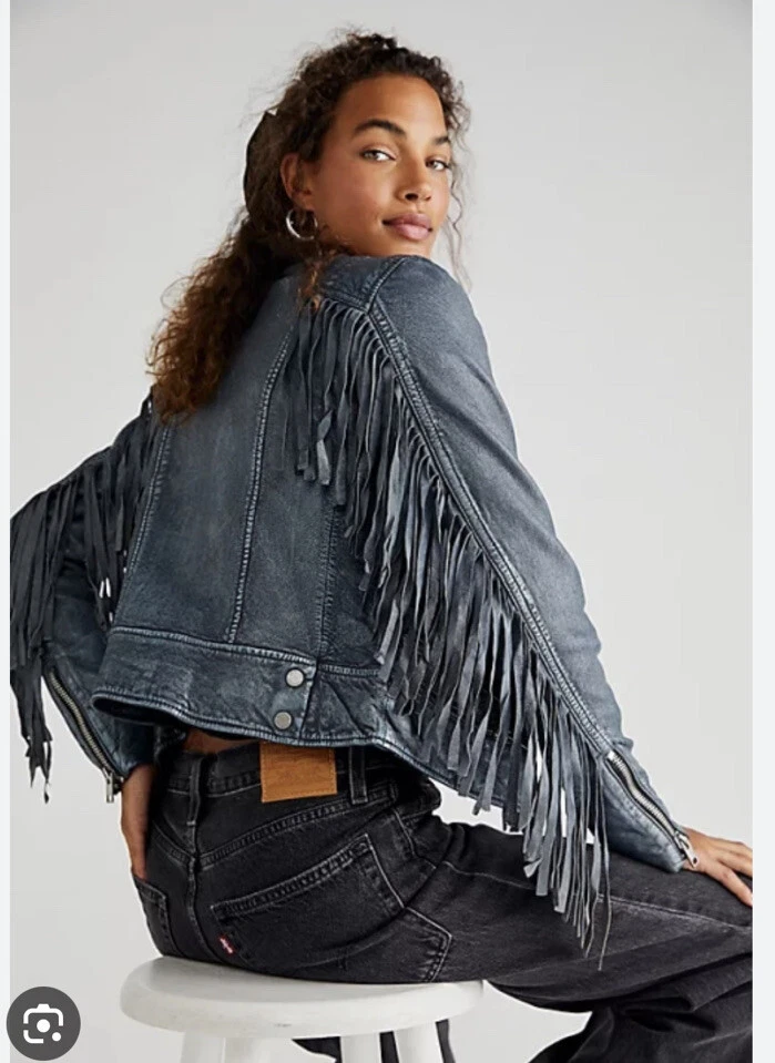 Chaqueta de cuero Free People x Mauritius Zoe con flecos azul marino envejecido talla L