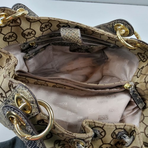 Michael Kors Signature Python Trim Drawstring Shoulder Handbag Purse - Picture 11 of 11