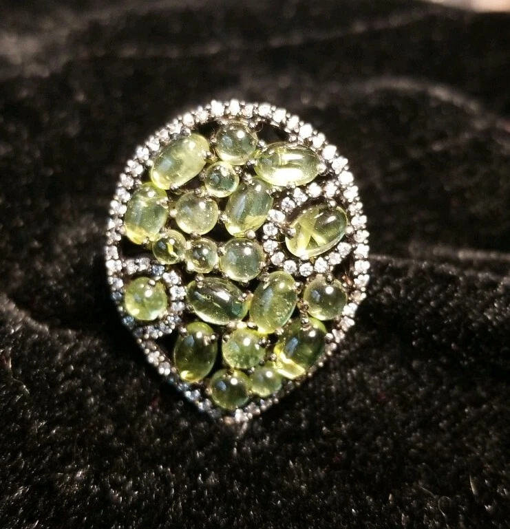 全新 Peridot caboosons &Cz .925 纯银戒指 带黑色 Rhodoum Plt 尺寸 6 3/4 工匠 — 第 2/4 张图片