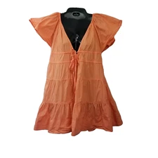 Olivaceous Womens Tiered Mini Peach Dress Deep Plunge with Ties Low Back Sz Lg 