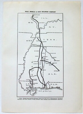 Gulf Mobile & Ohio Railroad - Original 1941 Route Map. Vintage