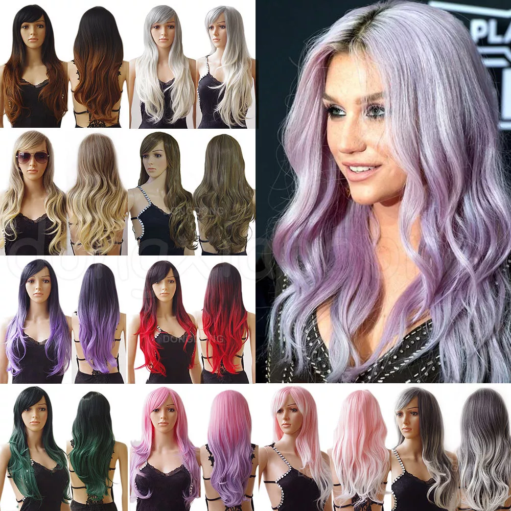UK Ombre Pink Purple Red Full Wig Curly Straight Wavy Long Wigs