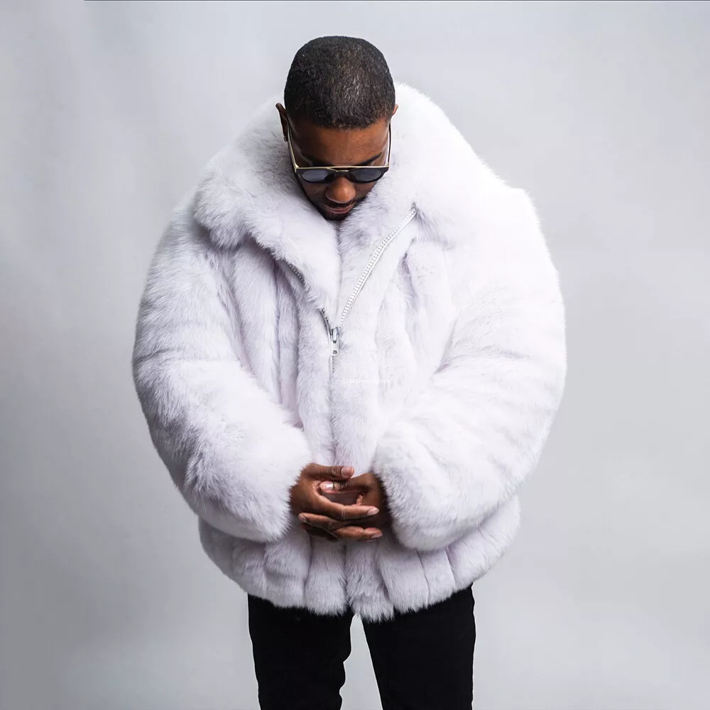 Men Hip Hop Style White farming Fox Fur Coat Winter Lapel Jackets