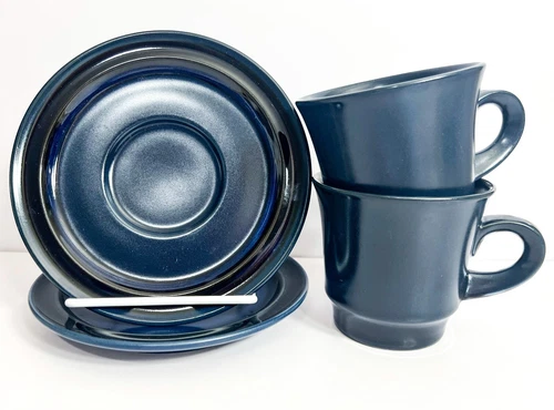 2 Vintage Noritake Spinnaker Navy Blue Stoneware Cup and Saucer, Tea or Coffee