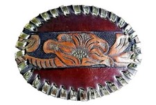 FLOWER Belt BUCKLE w/ GOLD Edge LACING Handmade WESTERN Brown,Tan+Black LEATHER