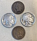 Indian Head Penny, Buffalo Head Nickel - 4 coin lot