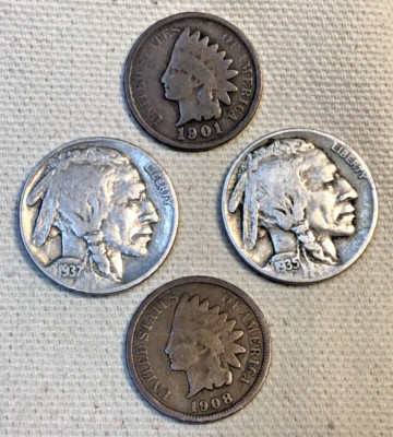 Indian Head Penny, Buffalo Head Nickel - 4 coin lot