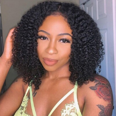 Short Afro Kinky Curly Human Hair Lace Front Wig T part Pre Plucked 180% Density