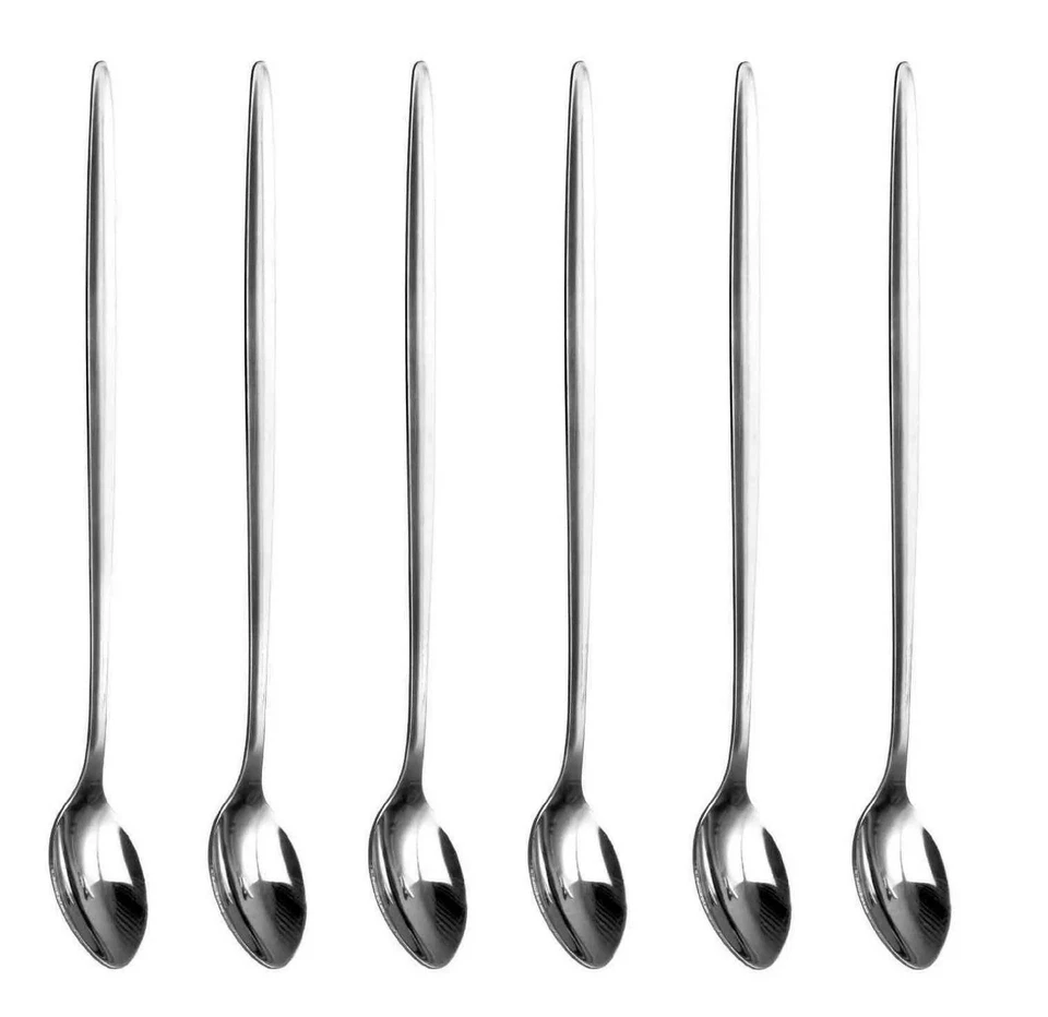 6x Stainless Steel Long Handle Latte Spoons for Glass Ice Cream Sundae Coffee