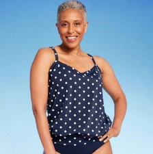 Lands' End Size Medium 10-12 Navy Blue Polka Dot Print Blouson Tankini Swim Top