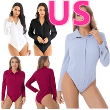 Women Button Down Shirt Bodysuit One-Piece Work Leotard Blouse Casual Rompers