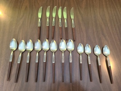 Interpur Flatware Brown Handle Faux Wood INR19 Japan Vtg MCM 18pc Silverware 
