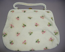 Vintage Ivory Lumured Petite-Bead Beaded Floral Handbag w/Mirror Pouch r