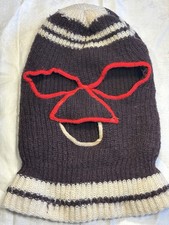 Vintage Knit Ski 70s Robber Mask Full Face 3 Hole Brown/White w/Red Outlines