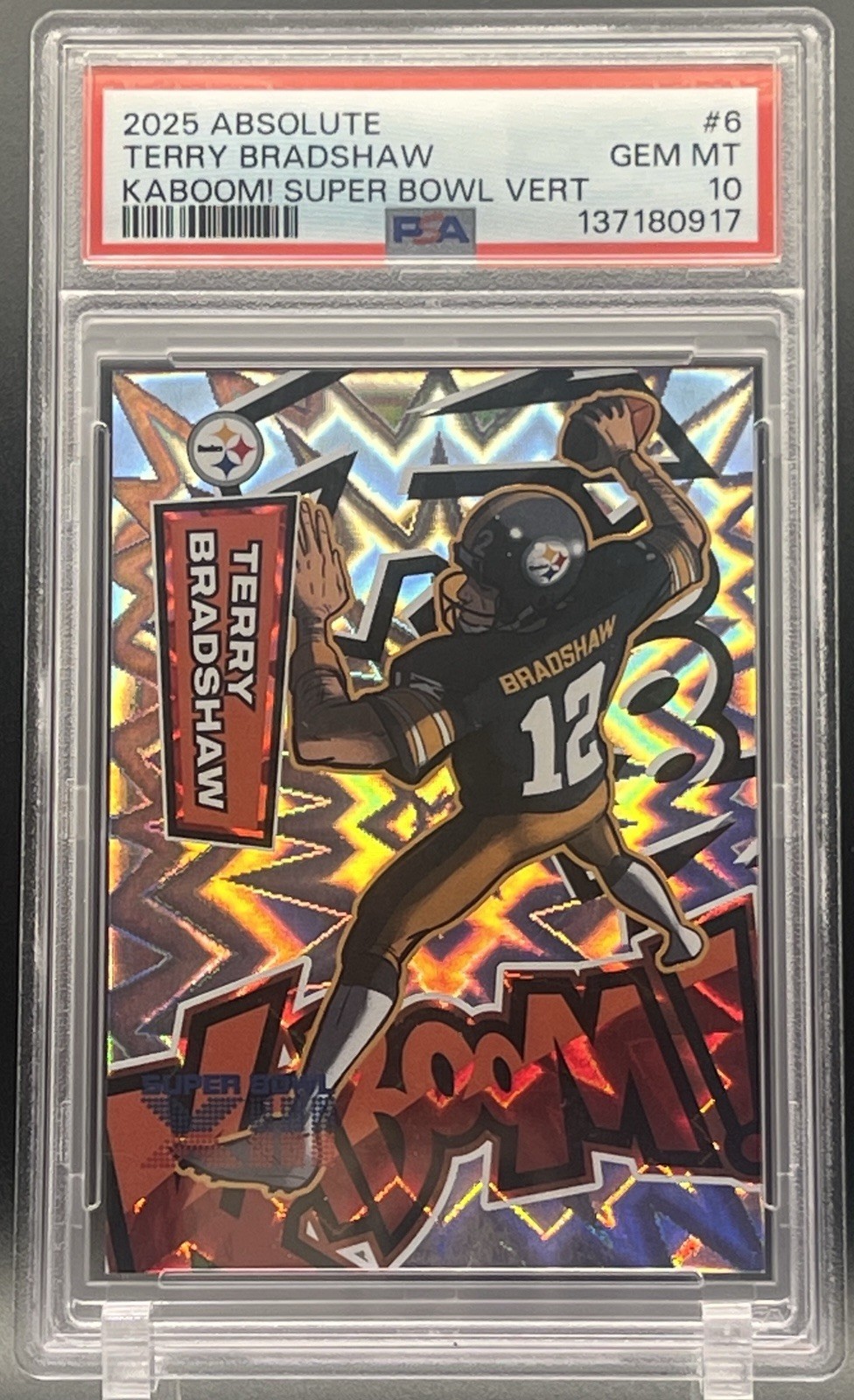 Terry Bradshaw #6 Football Cards 2025 Panini Absolute Kaboom Super Bowl Vertical trading card — raw and PSA graded price guide
