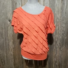 IN Studio M Knit Top Blouse Coral Orange Layered Ruffle Dolman Short Sleeve