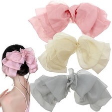 3 PCS Chiffon Big Bow Hair Clip,Big 3 Count Pack of 1 , Off-white Grey Pink