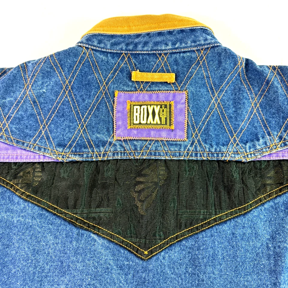 Vintage 90s BOXX Jeans CJ Two Brothers Denim Shirt Color Block Purple Tan XL - Image 4 of 4