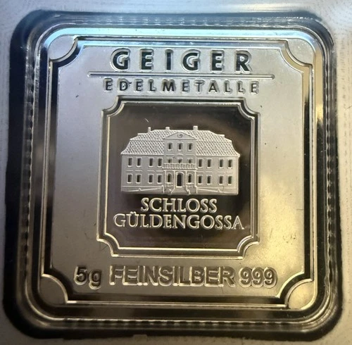 5g .999 Fine Silver Geiger Orginal Square in Assay Capsule