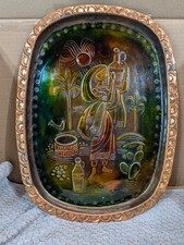 Vtg Mesika Israel Enamel on Copper Wall Plaque 15" Woman at Well Signed Hebrew