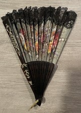 Vtg Black Carved Laquered Wood Hand Fan Espa a Spain Hand Painted Flowers