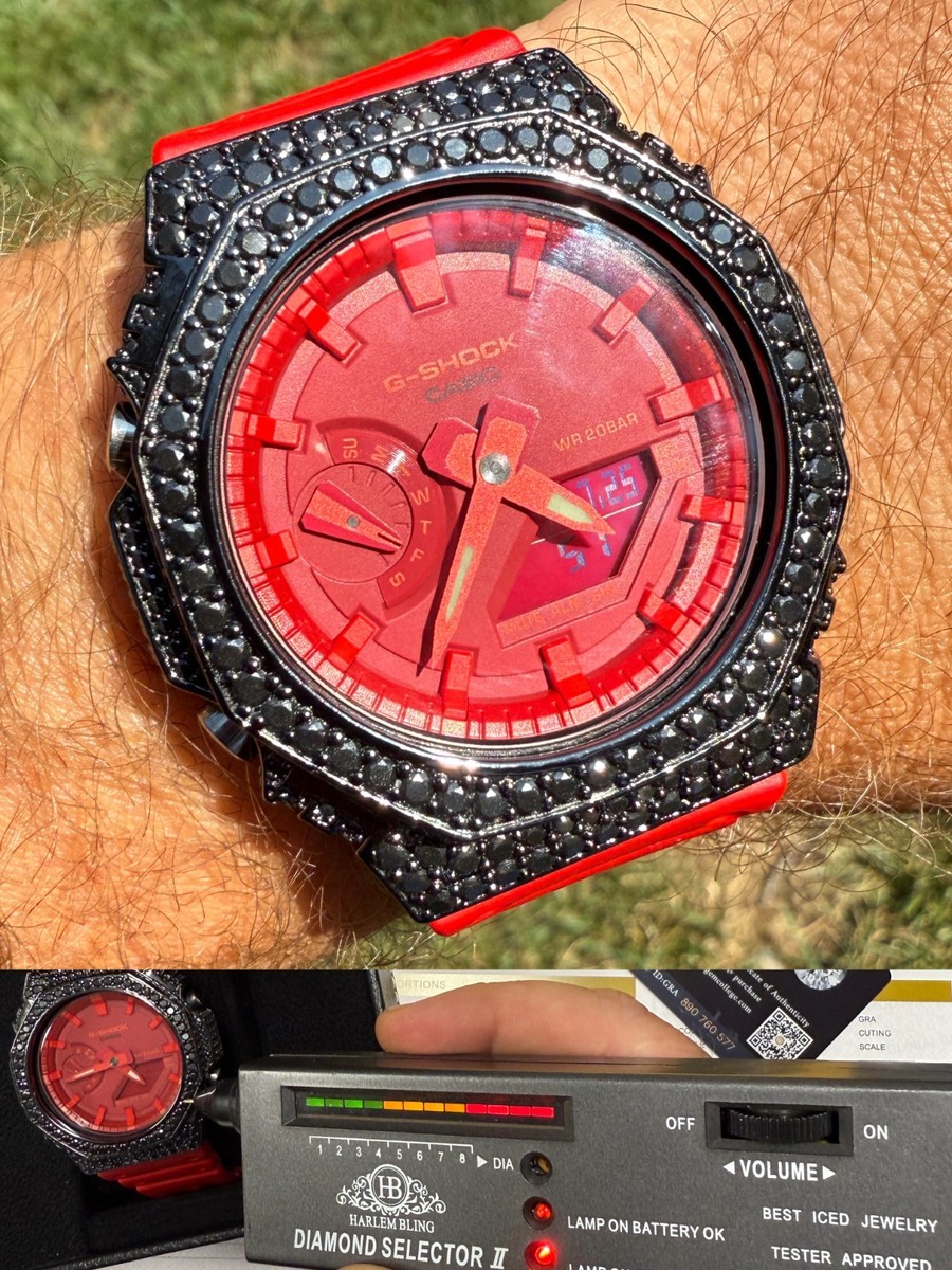 BLACK MOISSANITE Real 925 Silver Iced Red Casio G Shock GA2100 Hip