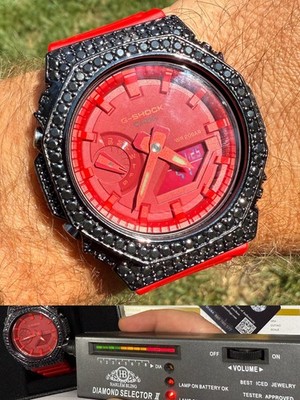 BLACK MOISSANITE Real 925 Silver Iced Red Casio G Shock GA2100 Hip
