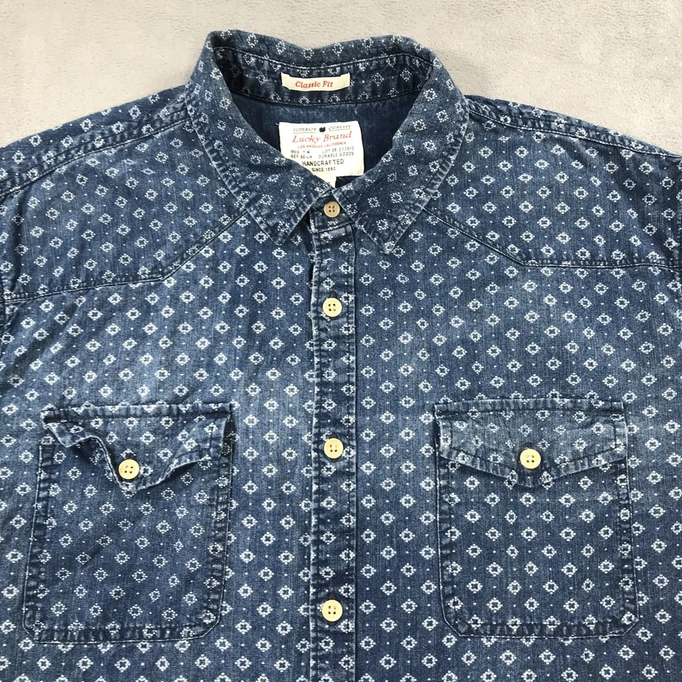 Lucky Brand Denim Shirt Mens Large Blue Geometric Button Up Faded Indigo Western - Image 3 of 4