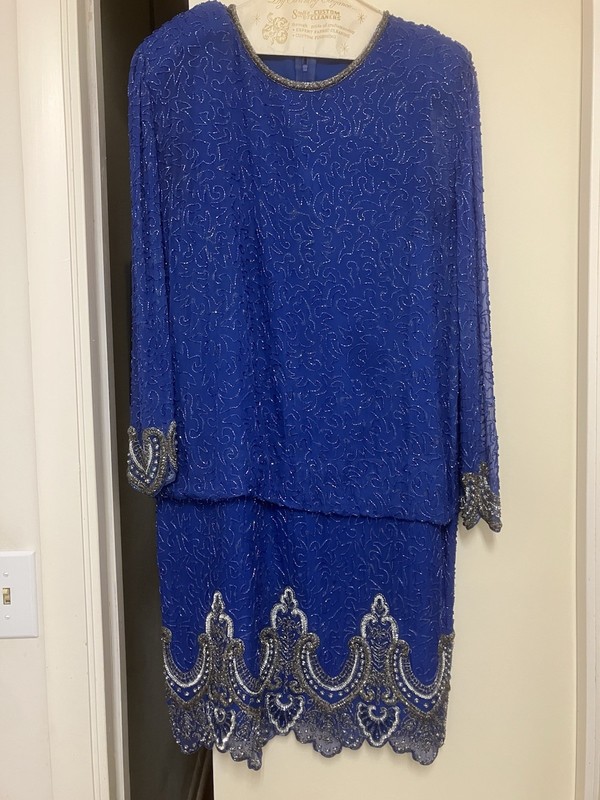 Night Vogue Beaded Sequin Vintage Blue Dress Evening -about Size 14 GORGEOUS