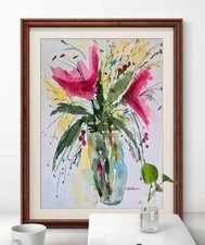 Original Signed Watercolor Painting. Vibrant. Abstract. Floral.Colorful. Red. 