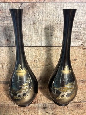 Mount Fuji Black Gold & Silver Etched Japanese Chokin Enamel Brass Bud Vases 10 