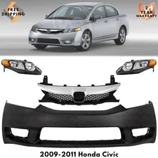 Front Bumper Cover Fascia & Grille Assembly Kit For 2009-2011 Honda Civic