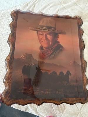 Vintage John Wayne Wooden Lacquer Wall Plaque. 22x19 Inches.