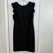 Calvin Klein Black Ruffle Sleeve Sheath Dress Square Back Stretch Crepe LBD