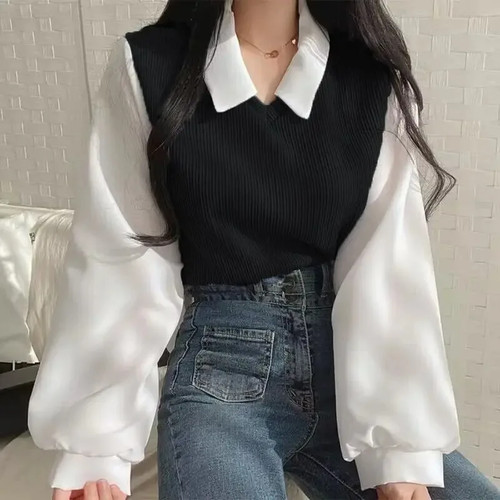 Summer Blouse Women 2piece Polo Collar Blouse Tops Youth Pullovers Elegant Shirt - Picture 6 of 24