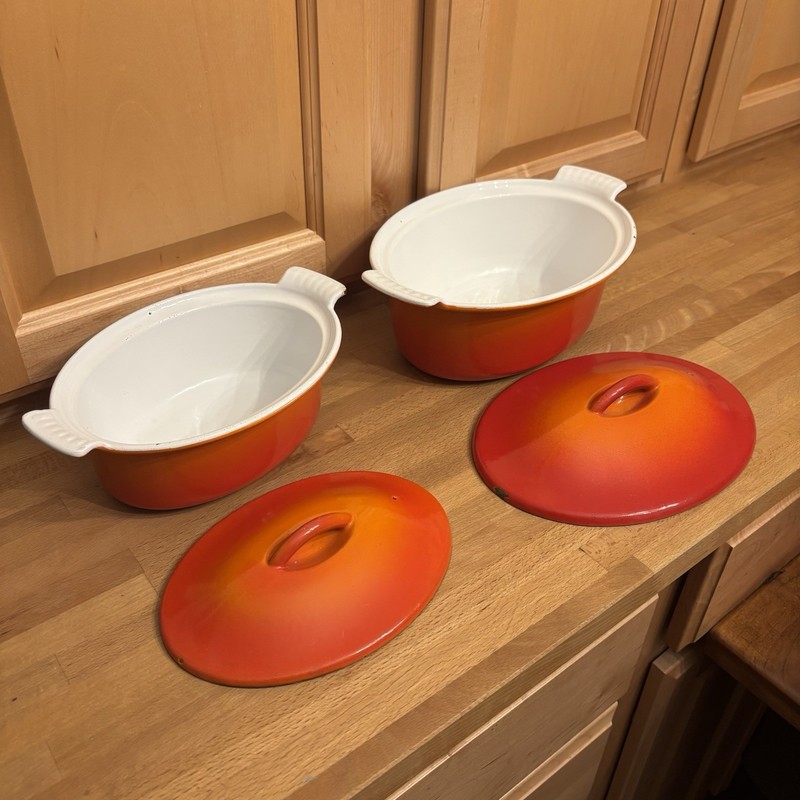 1950s-70s Descoware, Enameled Cast Iron, Dutch Oven, Flame Orange Set Of 2