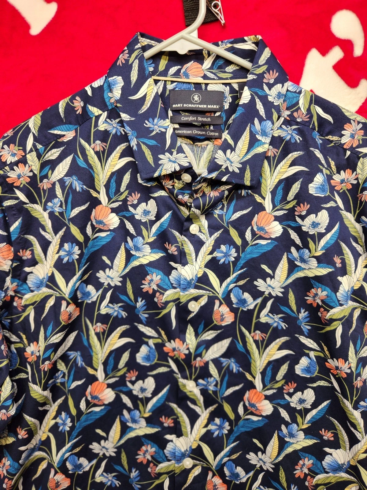 Hart Schaffner Marx Floral Shirt Mens XL Navy Blue Comfort Stretch Button Up