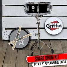 GRIFFIN Snare Drum - Black 14x5.5 Poplar Wood Shell Acoustic Percussion Kit Set