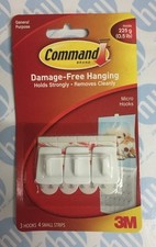 3 x 3M COMMAND WHITE SELF ADHESIVE MICRO HOOKS HOLDS UP TO 225g / 0.5LB