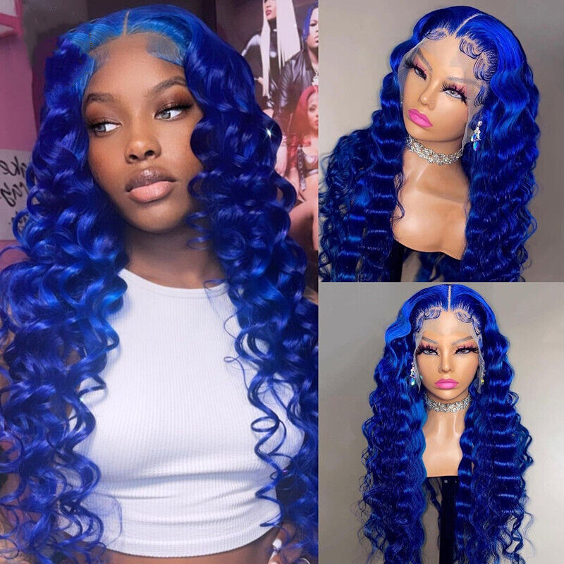 Long Deep Curly Wave Lace Front Wigs Dark Blue Synthetic Wig