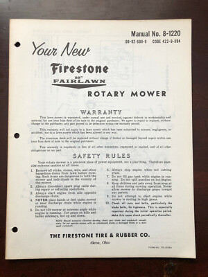 VINTAGE FIRESTONE 22'' FAIRLAWN ROTARY MOWER MANUAL NO 8-1220 CODE 422-9-094