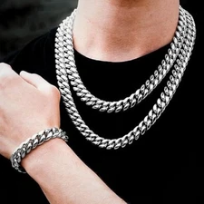 100% Stainless Steel White Gold Plated Miami Cuban Link Chain Bracelet  8MM-14MM