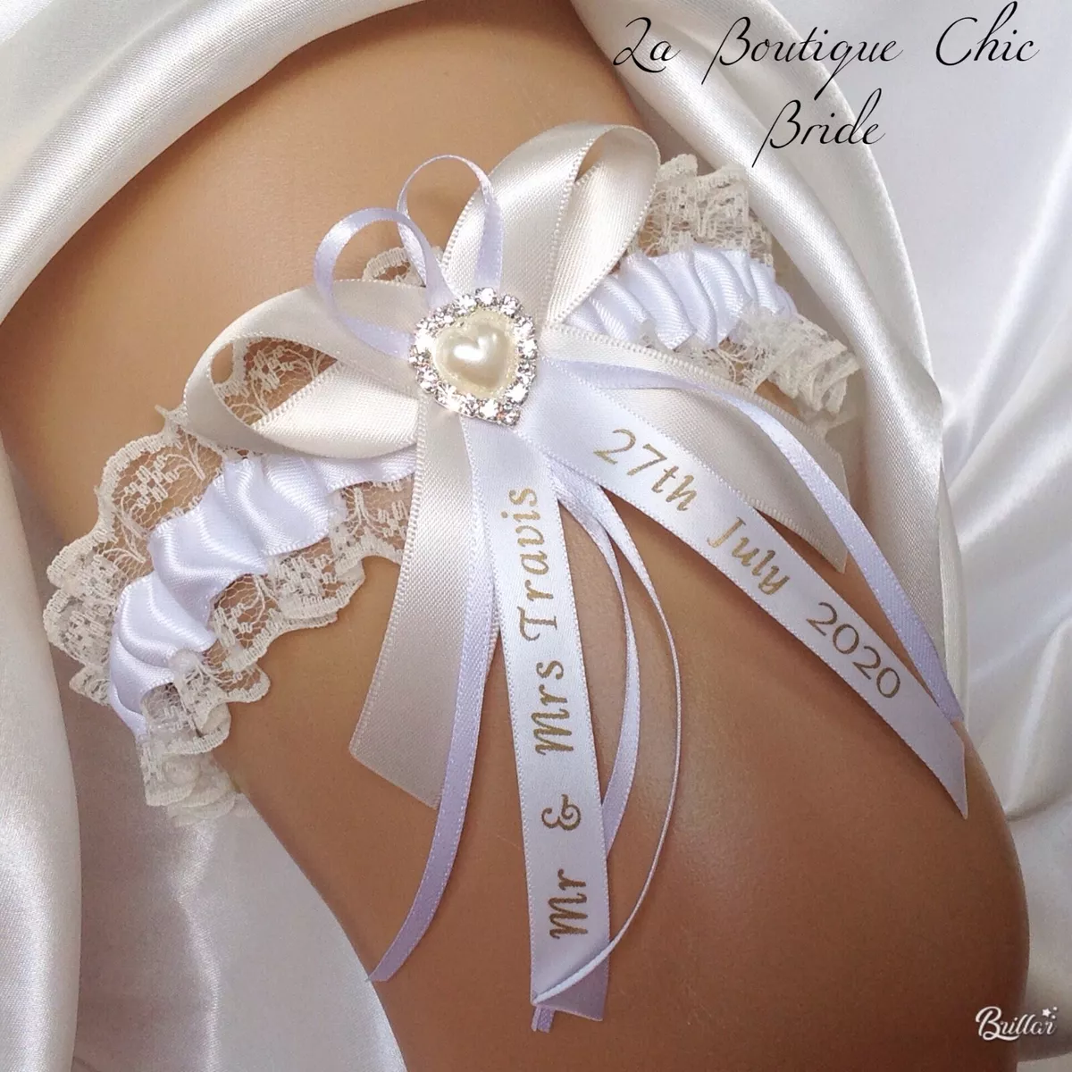 XS S M L XL PERSONALISED Ivory Lace Wedding Garter bride bridal White Satin  gift