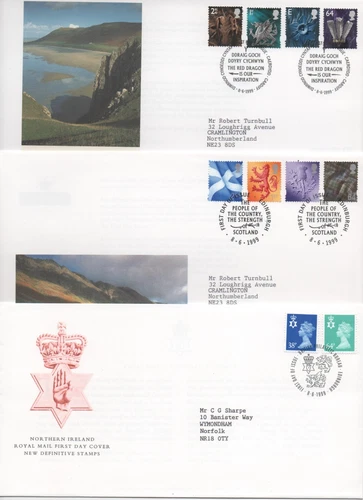 GB FDC 1999 REGIONAL DEFINITIVES SCOTLAND, WALES & NORTHERN IRELAND ADDRESSED