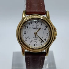 Carriage Timex Watch Womens 26mm Gold Tone Case Brown Leather Band Quartz Analog